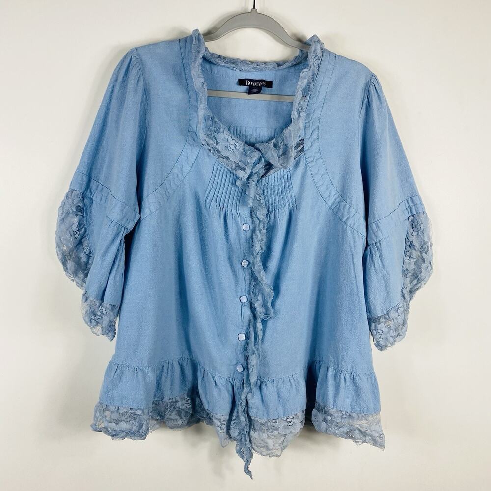 Roaman's Blouse Top 18 Blue Lace Button Ruffle Detail